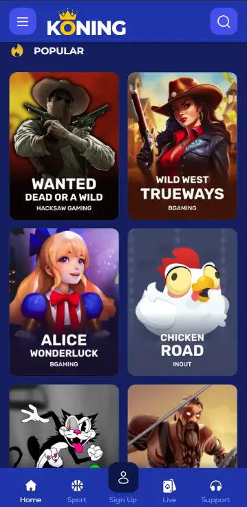 Overzicht van populaire casinospellen bij Koning Casino, waaronder Wanted Dead or a Wild, Wild West Trueways, Alice Wonderluck en Chicken Road