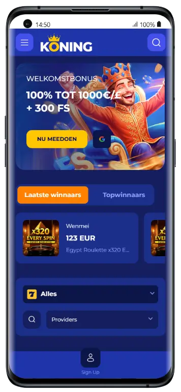 Mobiele weergave van Koning Casino met een welkomstbonus van 100% tot €1000 + 300 gratis spins en een overzicht van recente winnaars