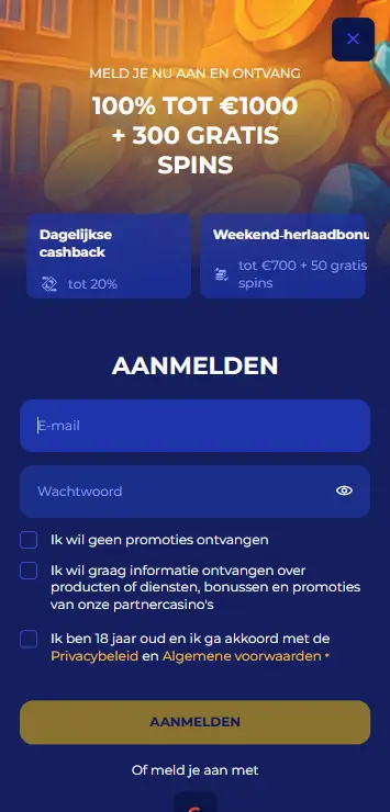 Aanmeldformulier van Koning Casino met velden voor e-mail en wachtwoord, en een welkomstbonus van 100% tot €1000 plus 300 gratis spins
